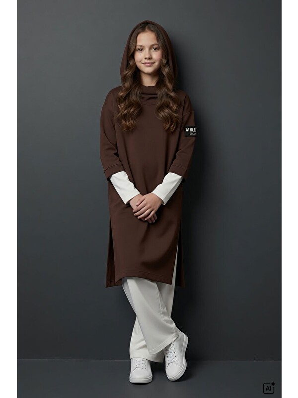 Cansın Mini Kahverengi Kapüşonlu Tunik Elbiseli Pantolonlu Kız Çocuk 3lü Takım 24747