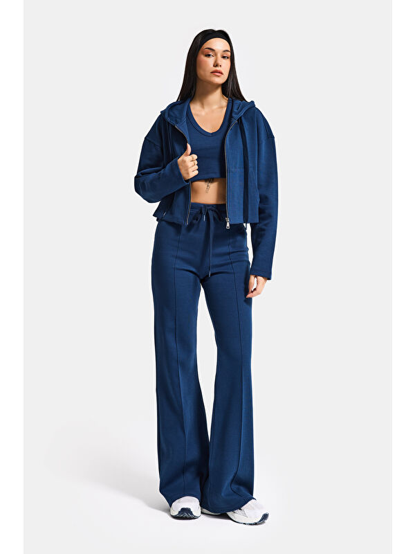 It's Basic Kadın Lacivert s6-56 Örme Kumaş Flare Eşofman Büstiyer ve Fermuarlı Sweatshirt 3'lü Kombin Takım