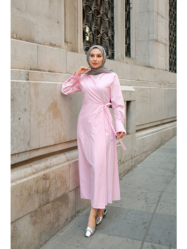 Locco Moda Kadın Poplin Yan Bağlamalı Elbise Pembe