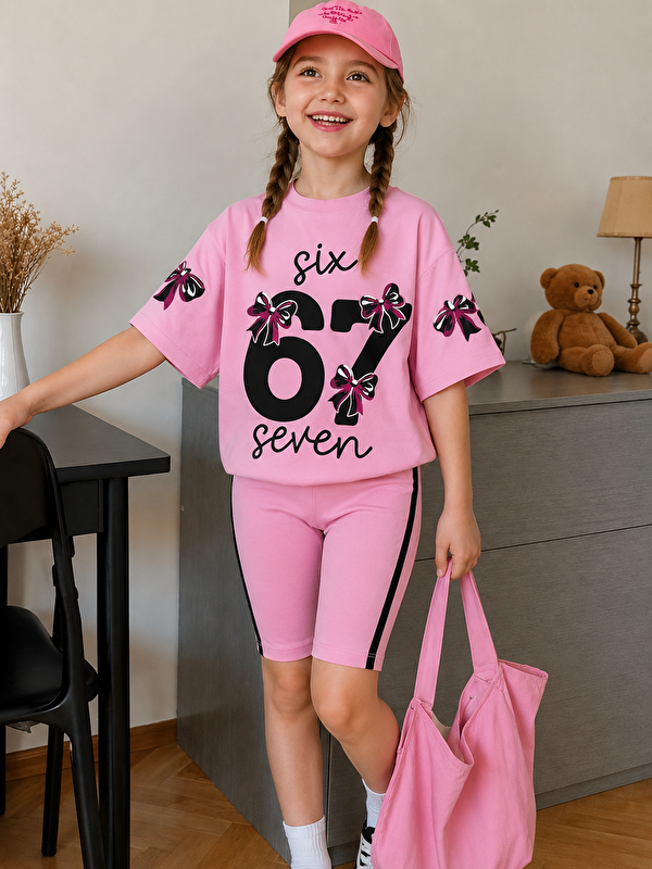 Zepkids Kız Çocuk 67 Baskılı Pamuklu Elastanlı Pembe Renk Oversize Tişörtlü Kapri Takım