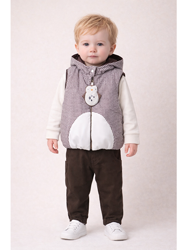 Harika Kids Erkek Bebek 3’lü Takım 9-24 Ay Şişme Yelek %100 Pamuk Sweatshirt Kadife Pantolon