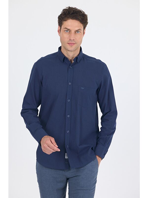 İMZA Lacivert Uzun Kol Düz Armür Oval Yaka Casual Comfort Fit %100 Pamuk Gömlek 1004250249