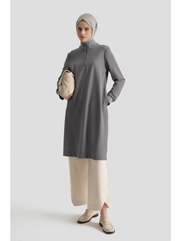 ARMİNE Fermuar Detaylı Basic Tunik Gri