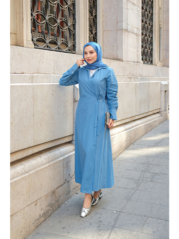 Locco Moda Kadın Poplin Yan Bağlamalı Elbise İndigo Mavi