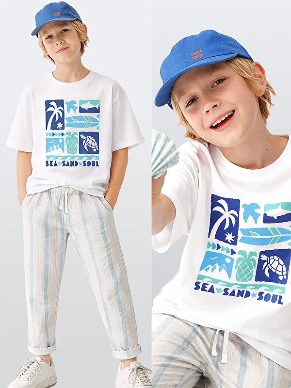 Denokids Erkek Çocuk Takım Yaz Pamuk T-Shirt Ve Çizgili Keten Görünümlü Yazlık Pantolon