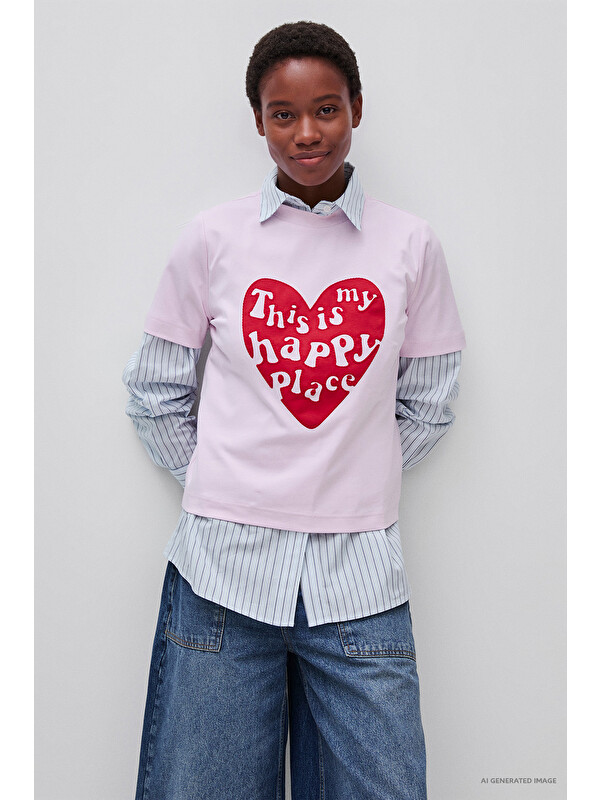 United Colors Of Benetton Kadın Lila %100 Pamuk İşlemeli Boxy Kısa Kollu T-Shirt