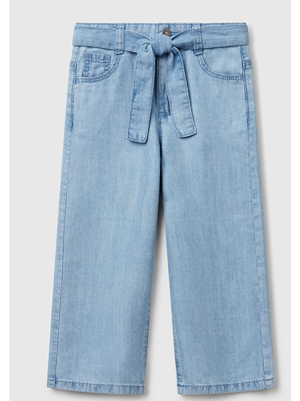 United Colors Of Benetton Kız Çocuk %100 Liyosel Taş Yıkama Kuşaklı Wide Leg Denim Pantolon
