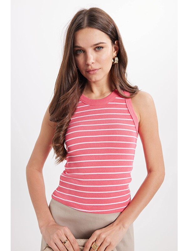 TUDORS Kadın Slim Fit Dar Kesim Pamuklu Askılı Bisiklet Yaka Çizgili Pembe Crop Atlet