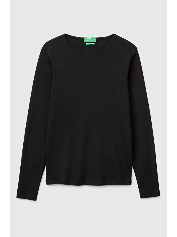 United Colors Of Benetton Kadın Siyah %100 Pamuk Slim Fit Ribanalı Uzun Kollu T-Shirt