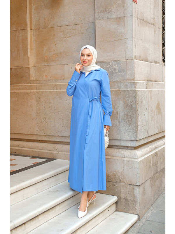 Locco Moda Kadın Poplin Yan Bağlamalı Elbise Saks Mavi