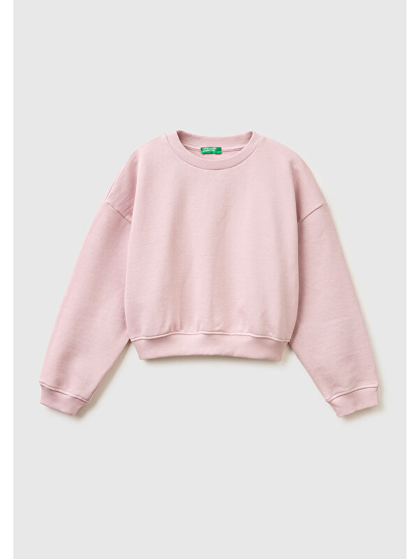 United Colors Of Benetton Kız Çocuk Arkası Logo Etiketli Oversize Yuvarlak Yaka Sweatshirt