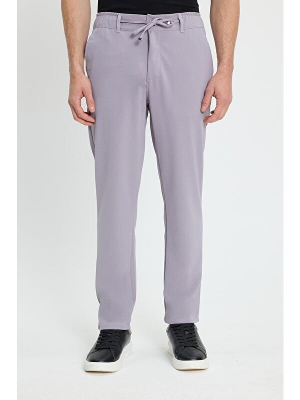 TUDORS Erkek Slim Fit Dar Kesim Beli Lastikli Bağcık Detaylı Gri Pantolon