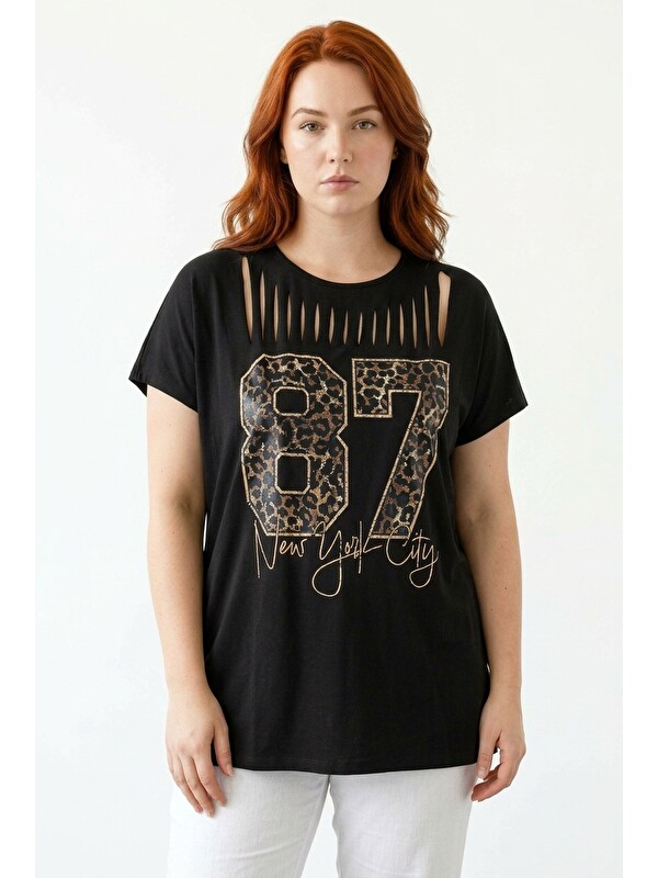 Stil Diva Önü Kesikli Baskılı T-shirt
