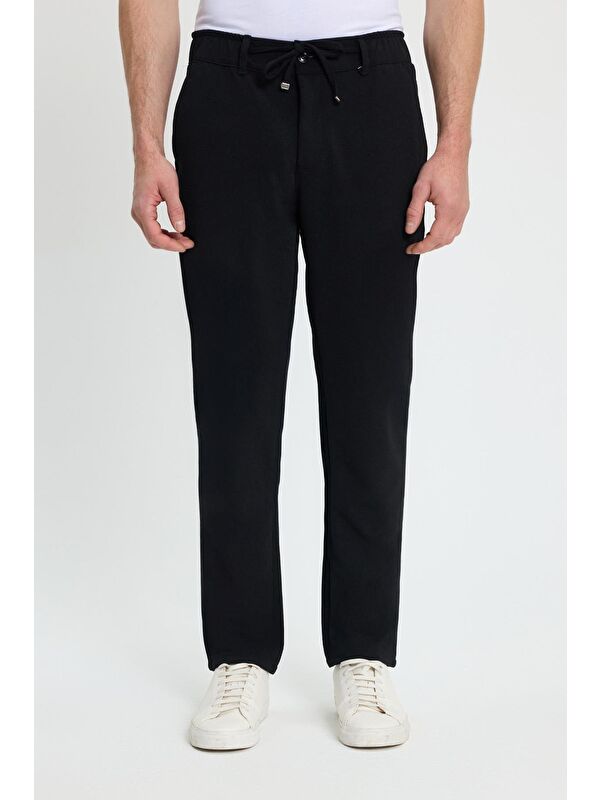 TUDORS Erkek Slim Fit Dar Kesim Beli Lastikli Bağcık Detaylı Siyah Pantolon