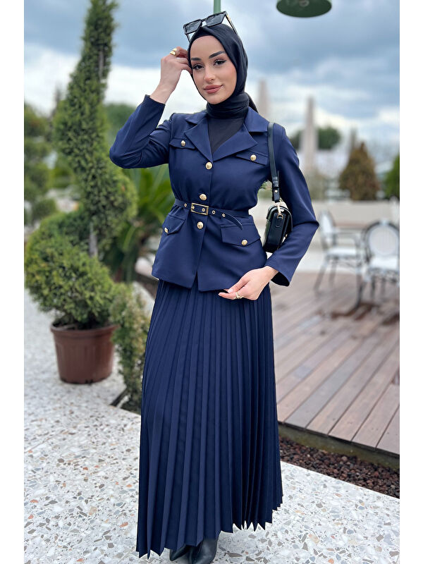 Julude Kadın Kemer Aksesuarlı Blazer Ceket Etek Tesettür İkili Takım