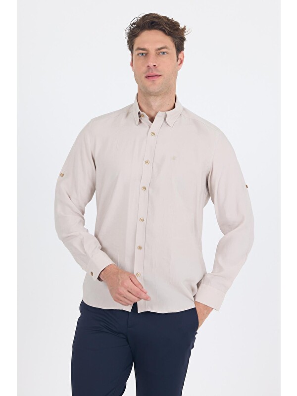 İMZA Bej Kısalabilir Kol Smart Biritli Yaka Cepsiz  Slim Fit  Gömlek 1004250224