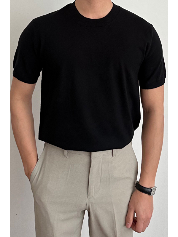 Tarz Cool Erkek Siyah Slim Fit Bisiklet Yaka Triko Tişört