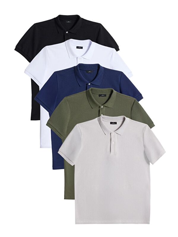 TUDORS Erkek 5'Li Paket Siyah-Beyaz-Lacivert-Haki-Gri Slim Fit Dar Kesim Pamuklu Düz Pike Polo Yaka Tişört