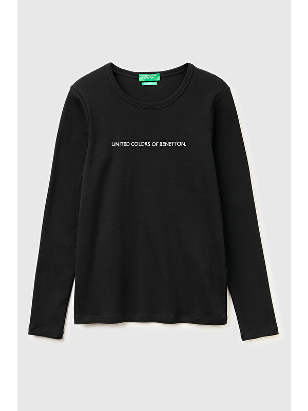 United Colors Of Benetton Kadın Siyah %100 Pamuk Regular Fit Ribanalı Uzun Kollu T-Shirt