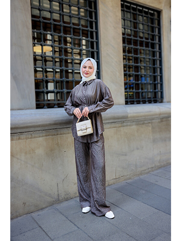 Locco Moda Kadın Kırışık Kumaş Takım Kahverengi