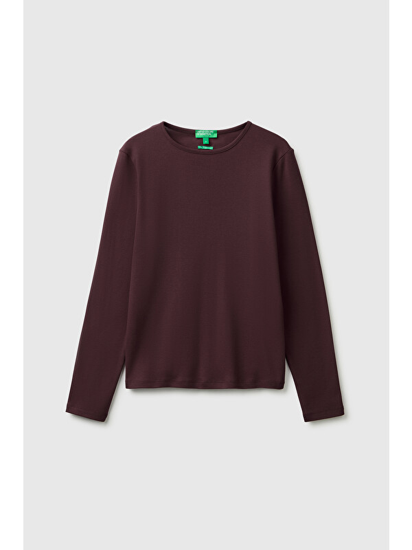 United Colors Of Benetton Kadın Kahverengi %100 Pamuk Slim Fit Ribanalı Uzun Kollu T-Shirt
