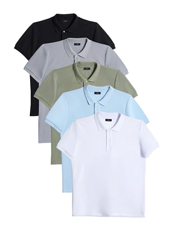 TUDORS Erkek 5'Li Paket Siyah-Gri-Haki-Mavi-Beyaz Slim Fit Dar Kesim Pamuklu Düz Pike Polo Yaka Tişört