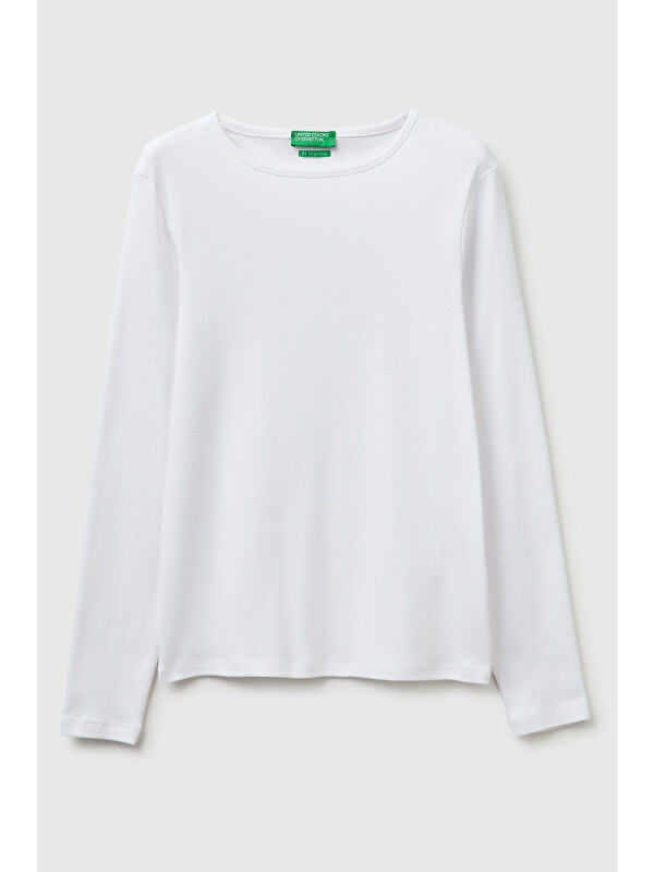 United Colors Of Benetton Kadın Beyaz %100 Pamuk Slim Fit Ribanalı Uzun Kollu T-Shirt
