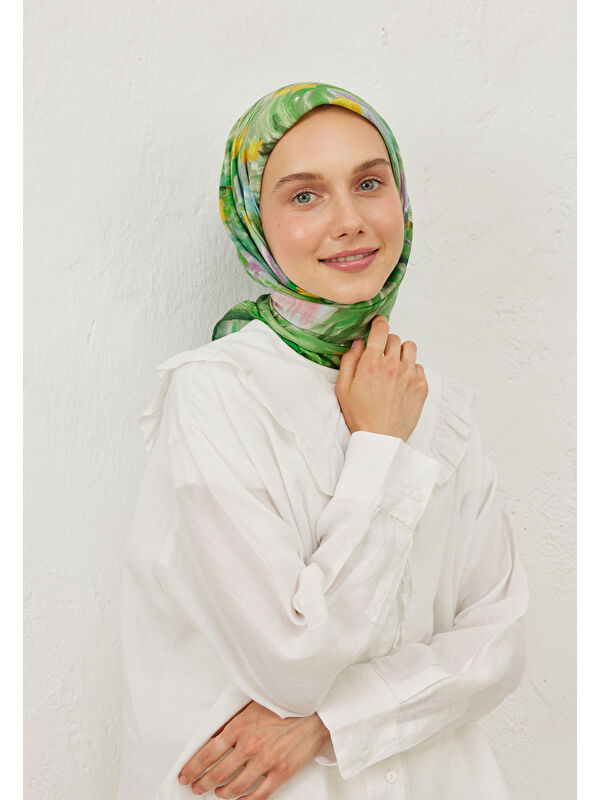 Fresh Scarfs Summer Sunset Desen Pamuk Vual Eşarp Yeşil