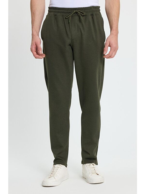 TUDORS Erkek Regular Fit Klasik Kesim Beli Lastikli Bağcıklı Koyu Haki Jogger Pantolon
