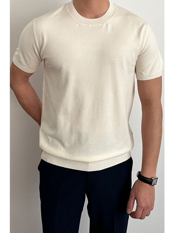 Tarz Cool Erkek Beyaz Slim Fit Bisiklet Yaka Triko Tişört