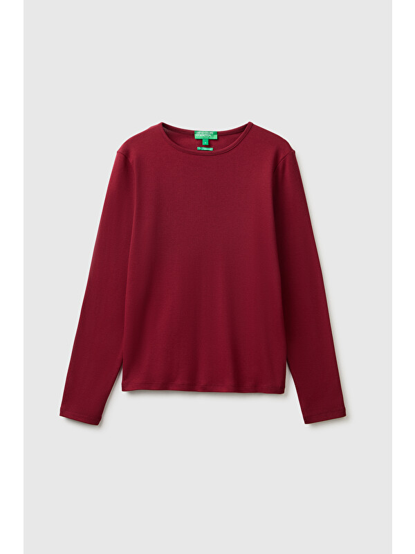 United Colors Of Benetton Kadın Mürdüm %100 Pamuk Slim Fit Ribanalı Uzun Kollu T-Shirt