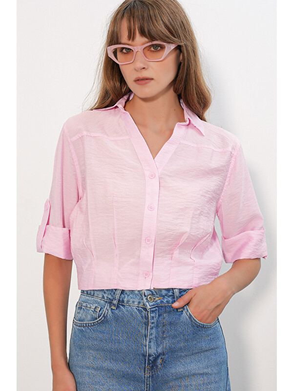 Bigdart Kadın Crop Oversize Gömlek 20390 - Pembe