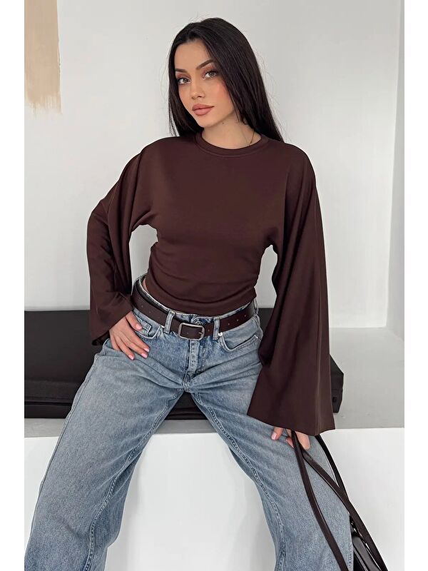 carla10 Geniş Kol Crop Bluz Kahverengi