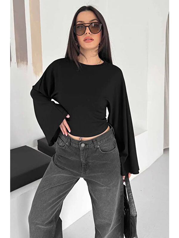 carla10 Geniş Kol Crop Bluz Siyah