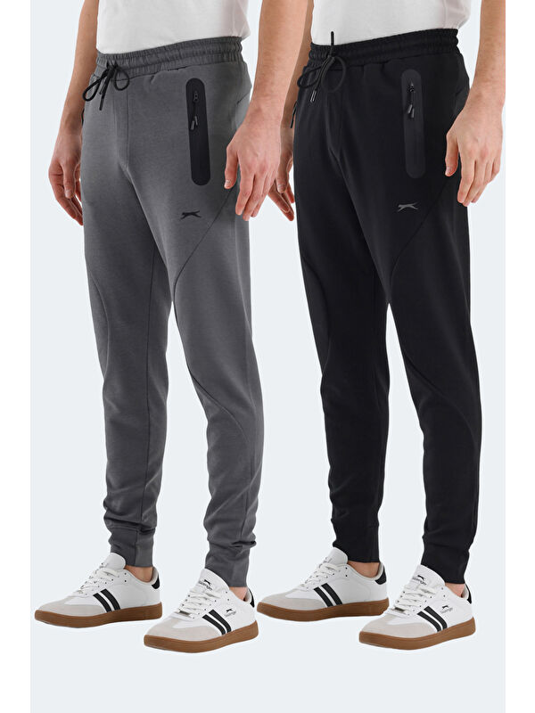 SLAZENGER VARUNA 2 Lİ SET Erkek Fermuar Cepli Slim Fit Siyah - Koyu Gri Eşofman Altı