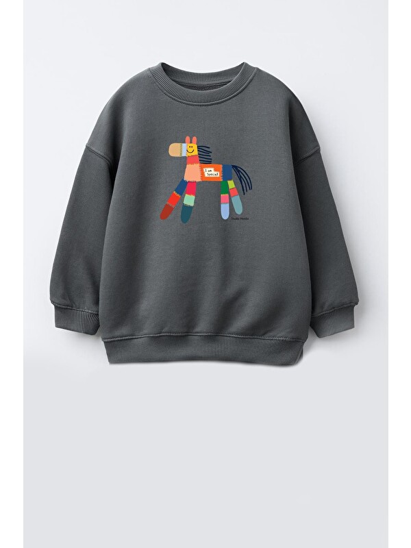 Monila Unisex Çocuk Baskılı 3 İplik Kumaş Pamuklu Sweatshirt