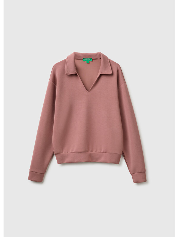 United Colors Of Benetton Kadın Koyu Pudra Modal Karışımlı Uzun Kollu Polo Yaka Üst