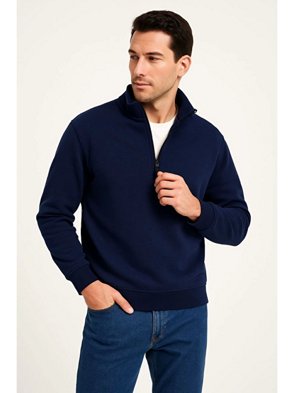 Jane's Erkek Dik Yaka Sweatshirt Dik Yaka Yarım Fermuarlı 3 İplik Şardonlu Pamuk Kumaş - Lacivert