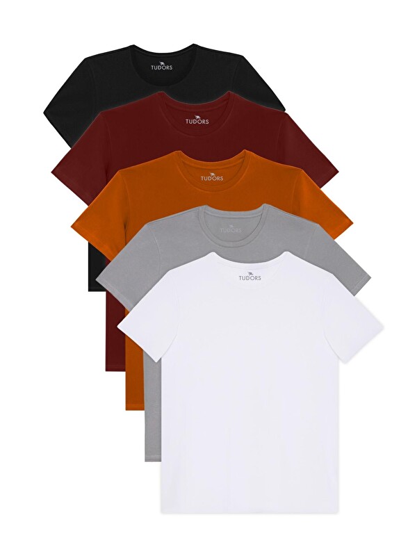 TUDORS Unisex 5'Li Paket Siyah-Beyaz-Bordo-Tarçın-Gri Slim Fit Dar Kesim %100 Pamuk Bisiklet Yaka Tişört