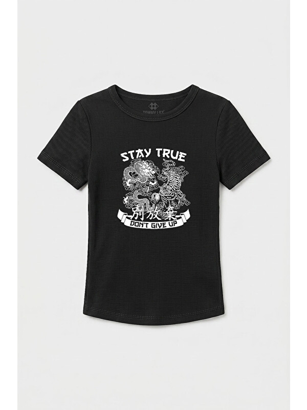 Tommylife Siyah Standart Fit Baskılı Kısa Kollu Kadın T-Shirt - 97201