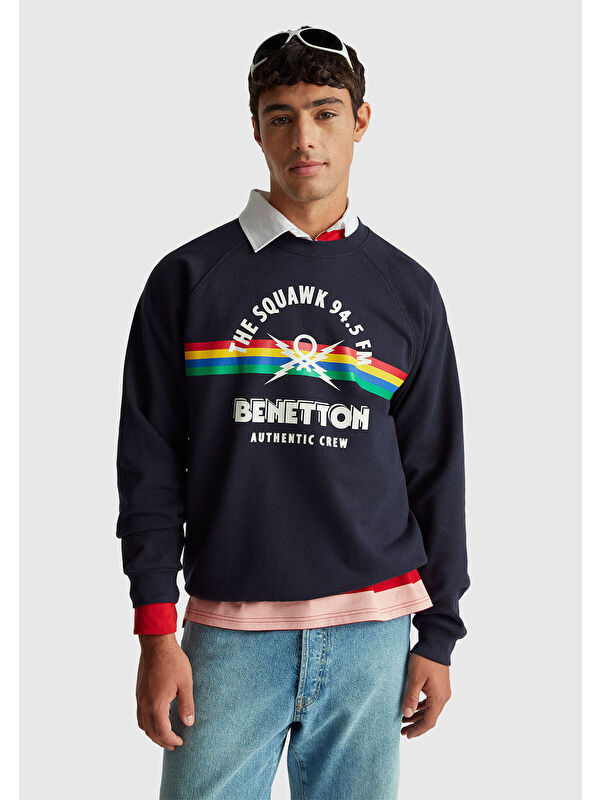 United Colors Of Benetton Erkek Lacivert  %100 Pamuk Relaxed Fit Stranger Things Baskılı Sweatshirt