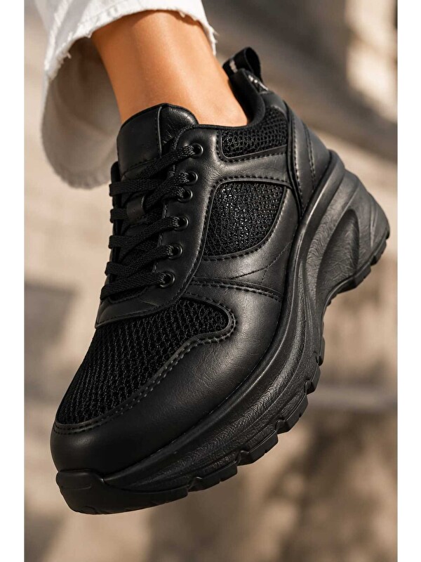 Slipcat Kadın Parıltılı, 6 cm Yükseltilmiş Tabanlı, Bağcıklı, Günlük Kullanım Sneakers