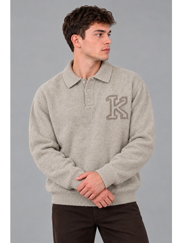 Stilkombin Baskılı Düğmeli Oversize Kışlık Kazak DP 16622_10068
