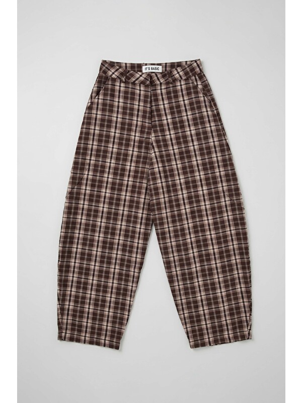 It's Basic Kadın Kahve Ekose s6-14 Skater Fit Bol Kesim Pantolon