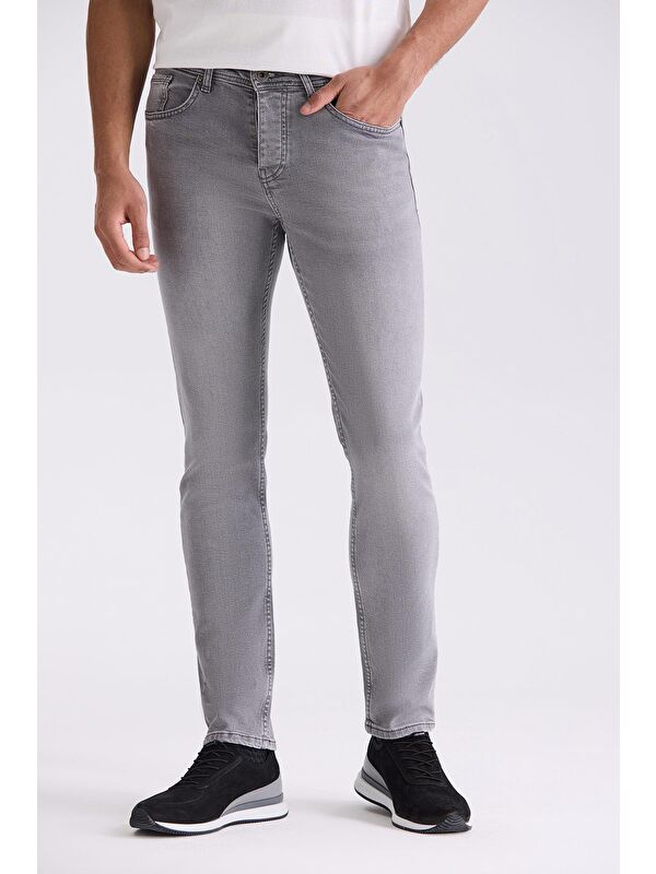 JAKAMEN Gri Slim Fit Elastanlı Pamuklu Yıkamalı Jean Pantolon