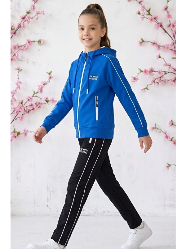 Pina Kids Kız Çocuk Unlimited Şeritli Kapüşonlu Düz Paça Reglan Kol Dalgıç Kumaş Eşofman Takımı ESF7013