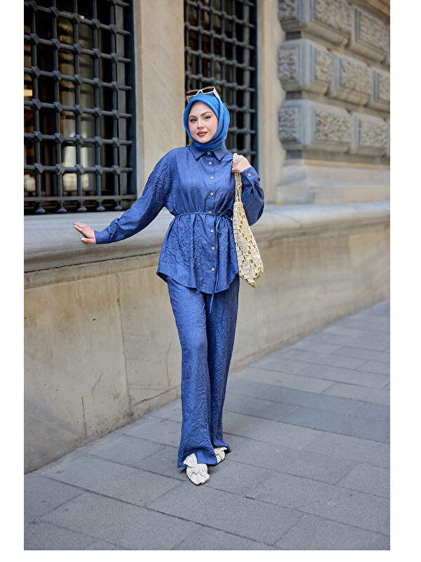 Locco Moda Kadın Kırışık Kumaş Takım Lacivert