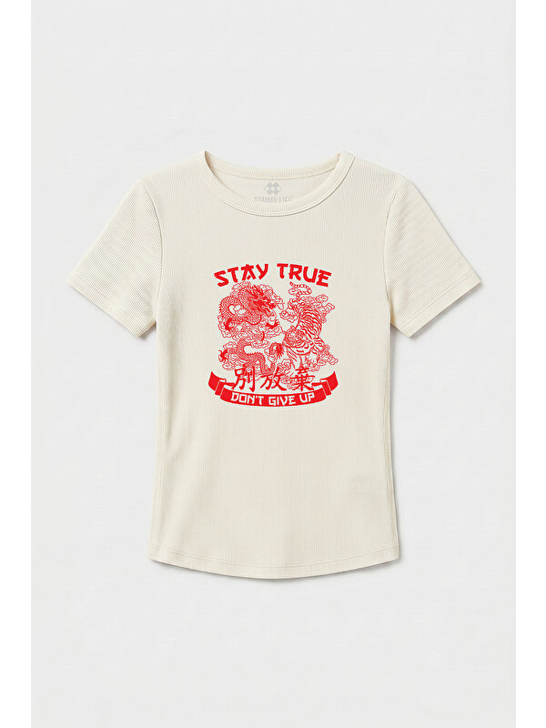 Tommylife Ekru Standart Fit Baskılı Kısa Kollu Kadın T-Shirt - 97201