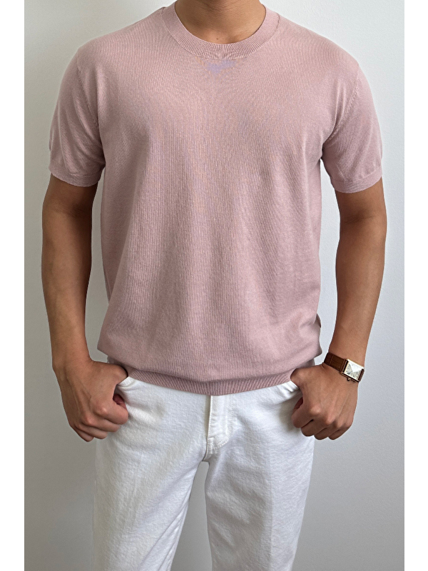 Tarz Cool Erkek Pembe Slim Fit Bisiklet Yaka Triko Tişört