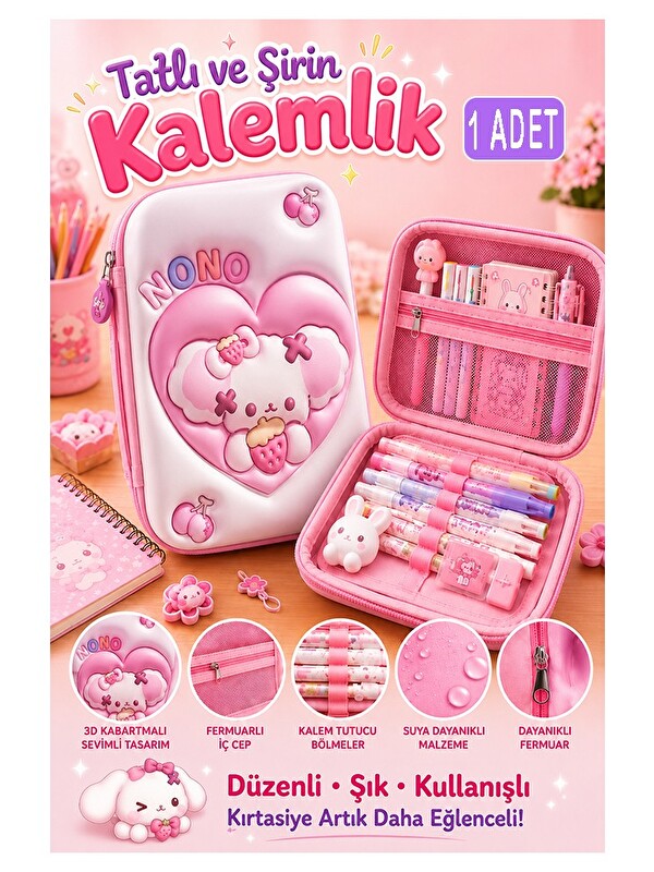FixPoint Pembe Kabartmalı Bölmeli Kalemlik 1 Adet P-5984 Kız Çocuk Okul Kalem Kutusu 3 Boyutlu Fermuarlı Hedi